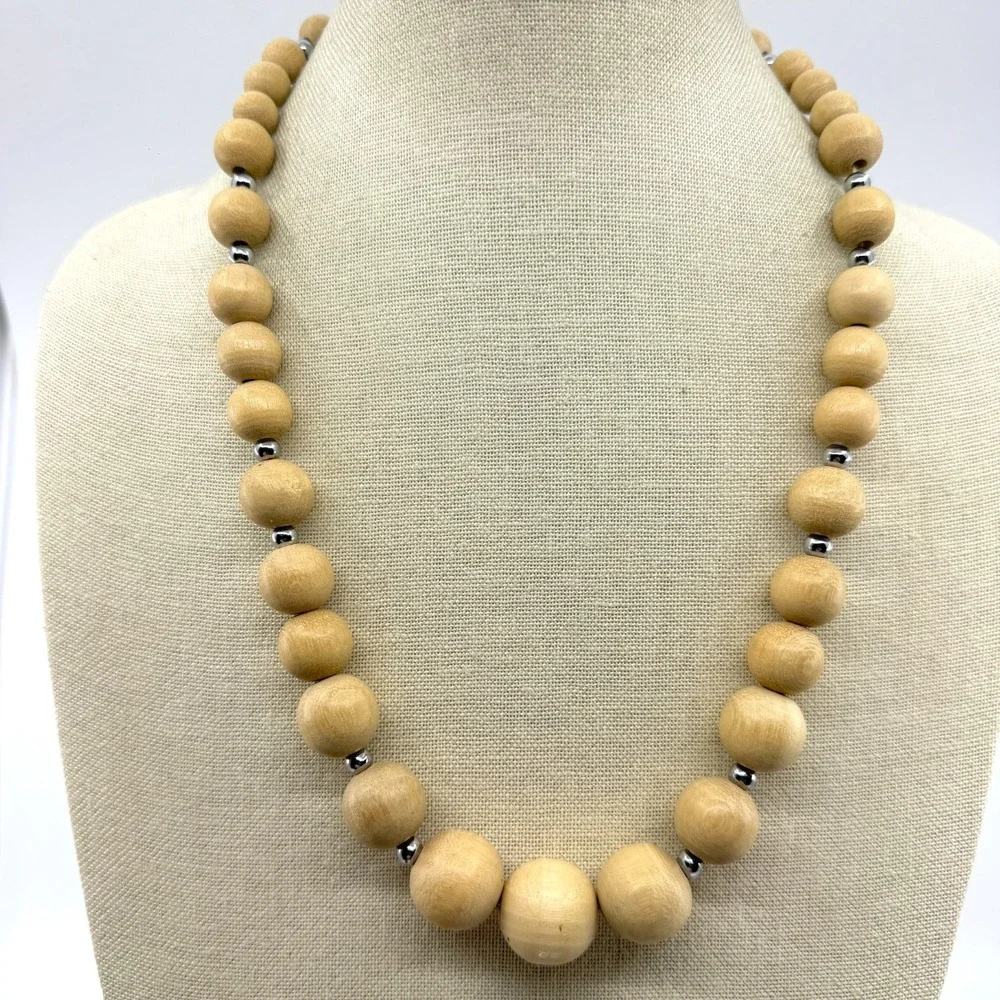 Natural Wood Bead Necklace Silver Tone Spacers Chunky Boho Statement Jewelry